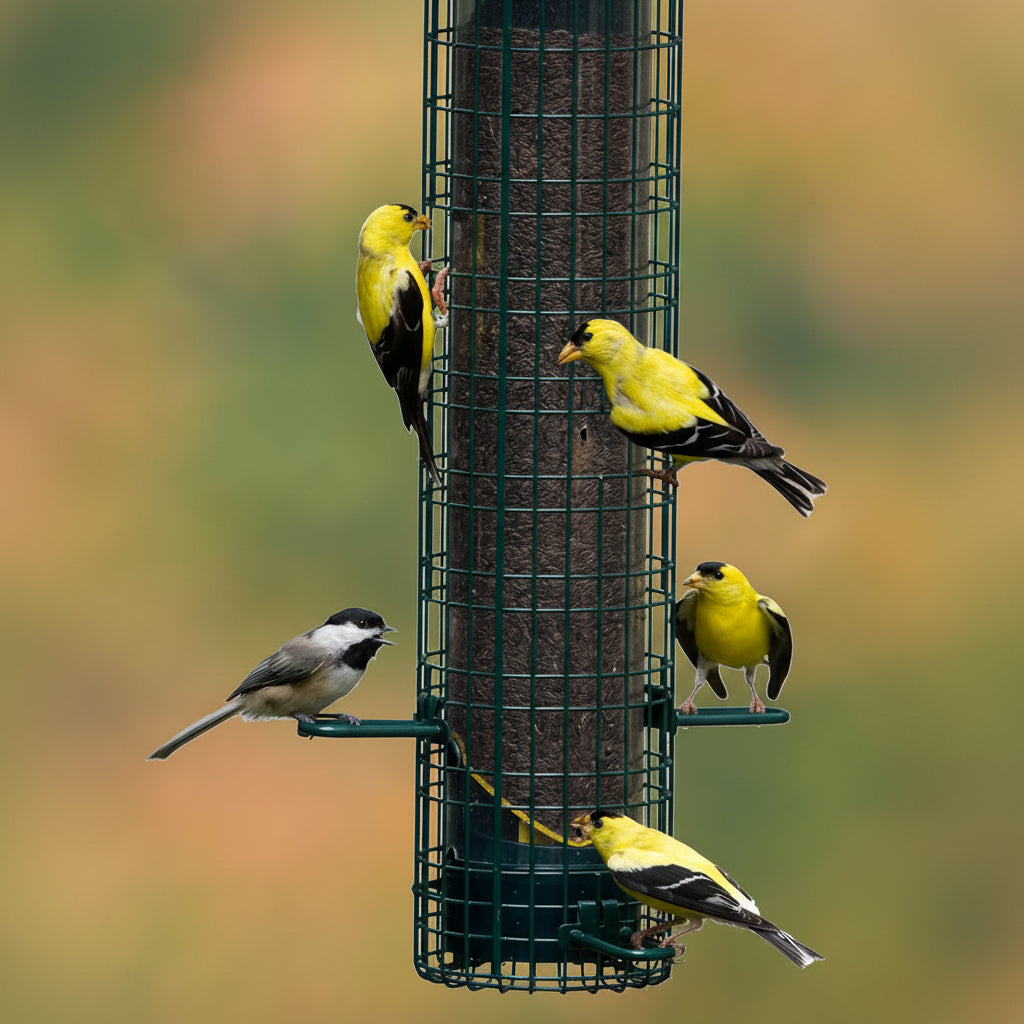 Birds perched on a bird feeder with a blurred natural background