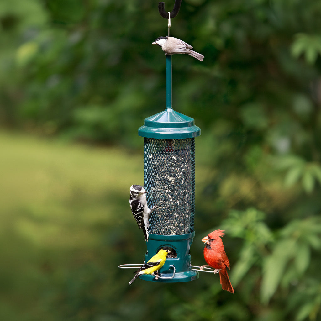 Bird feeder with multiple birds perched on it against a blurred green background