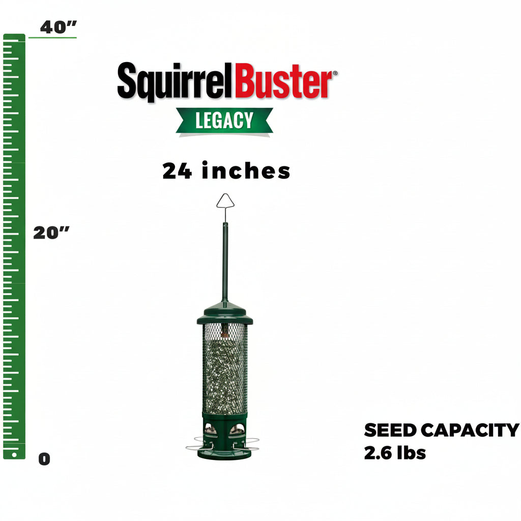 Squirrel Buster Legacy bird feeder with height measurement and seed capacity details.