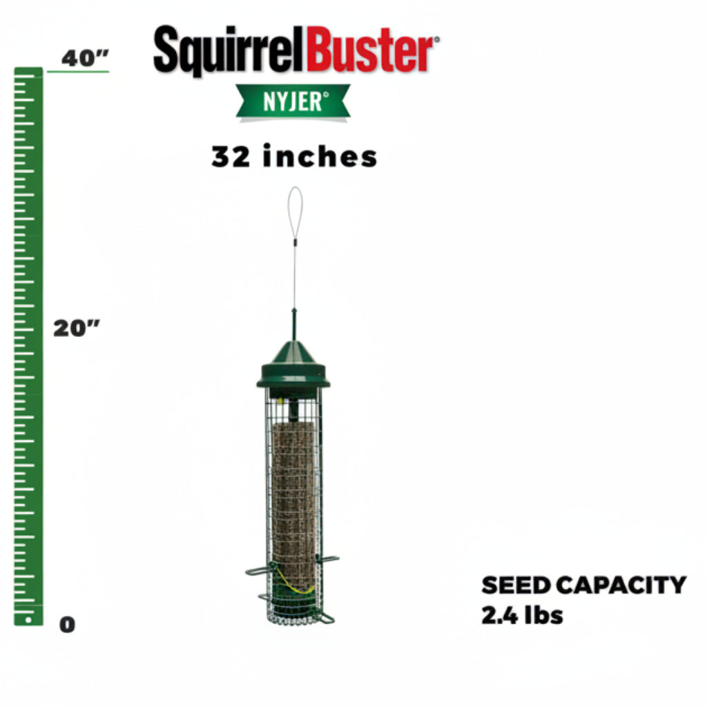 Squirrel Buster bird feeder with height measurement and seed capacity details on a white background
