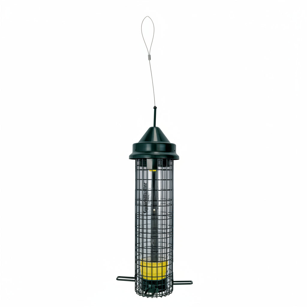 Bird feeder with a yellow seed tray on a white background