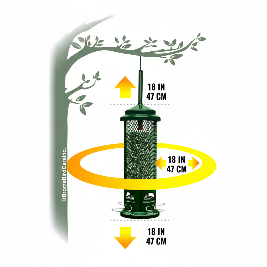 Green bird feeder with measurements on a white background