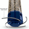 Bird feeder with blue base and metal perch, showing text about squirrel weight impact.