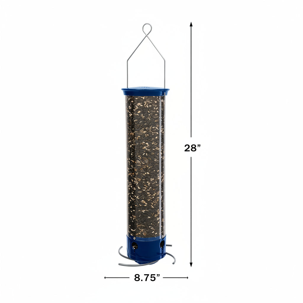 Bird feeder with dimensions labeled on a white background