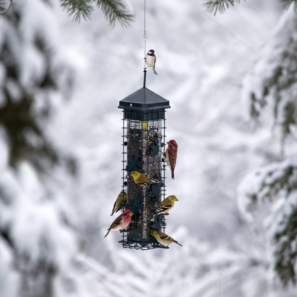 Birds perched on a bird feeder against a snowy background