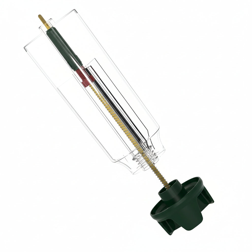 Clear plastic container with a green base on a white background