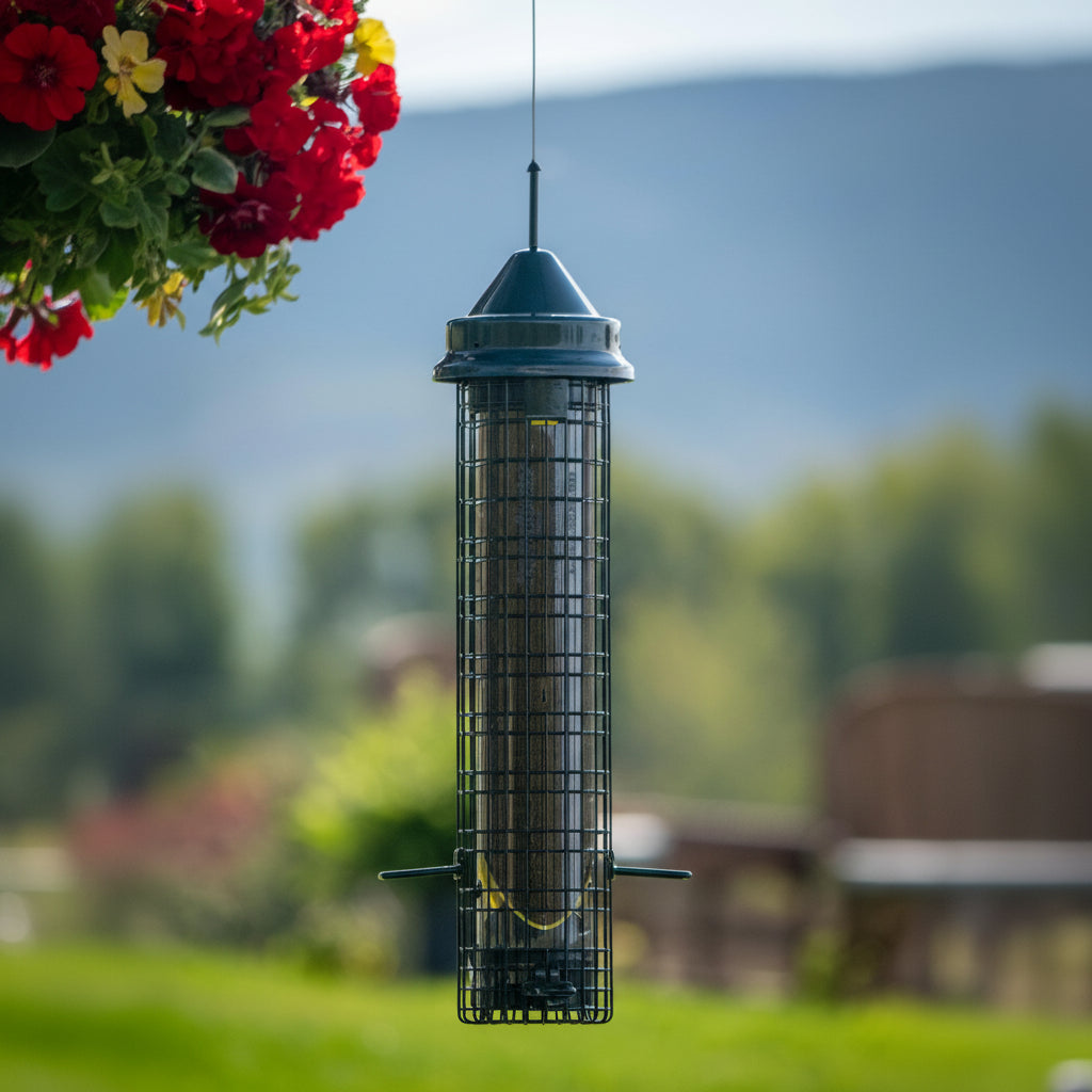 Bird feeder hanging outdoors with a blurred background