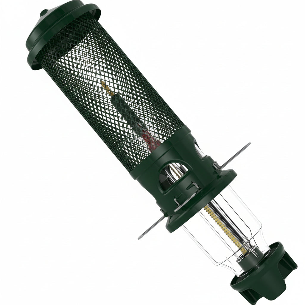 Green bird feeder with mesh cover on a white background