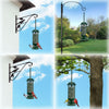Collage of a green bird feeder attached to different surfaces including a wall, pole, and tree.