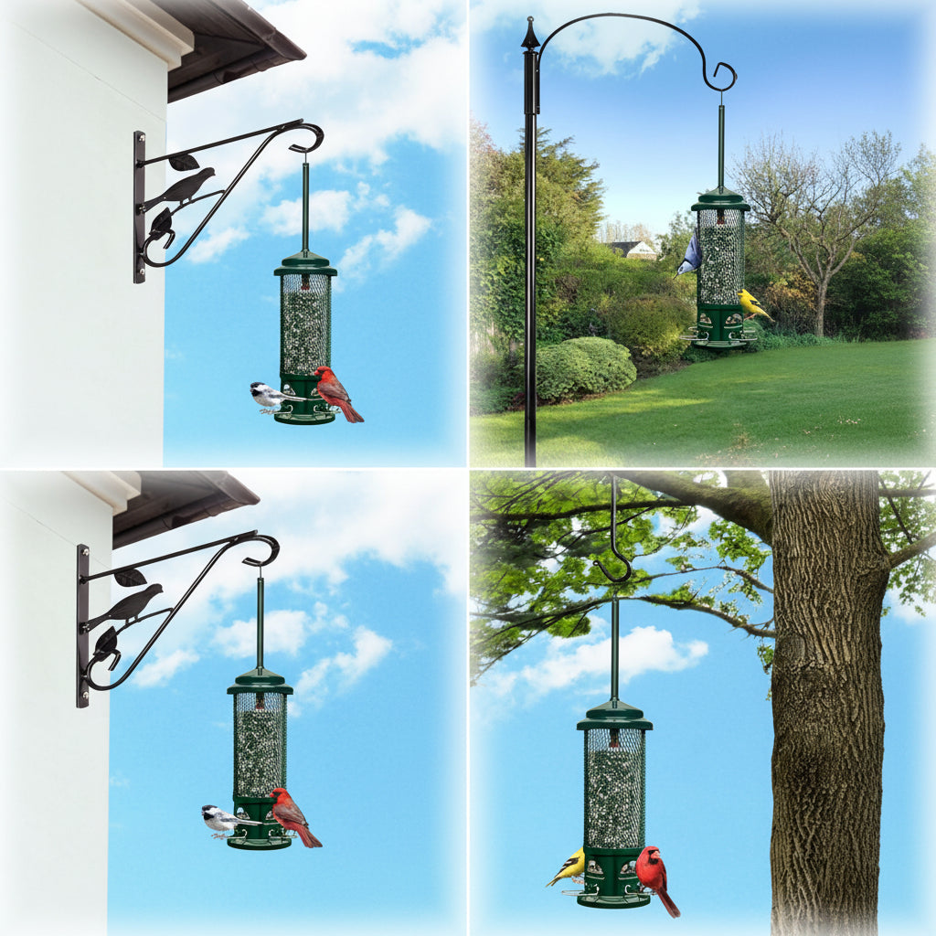 Collage of a green bird feeder attached to different surfaces including a wall, pole, and tree.