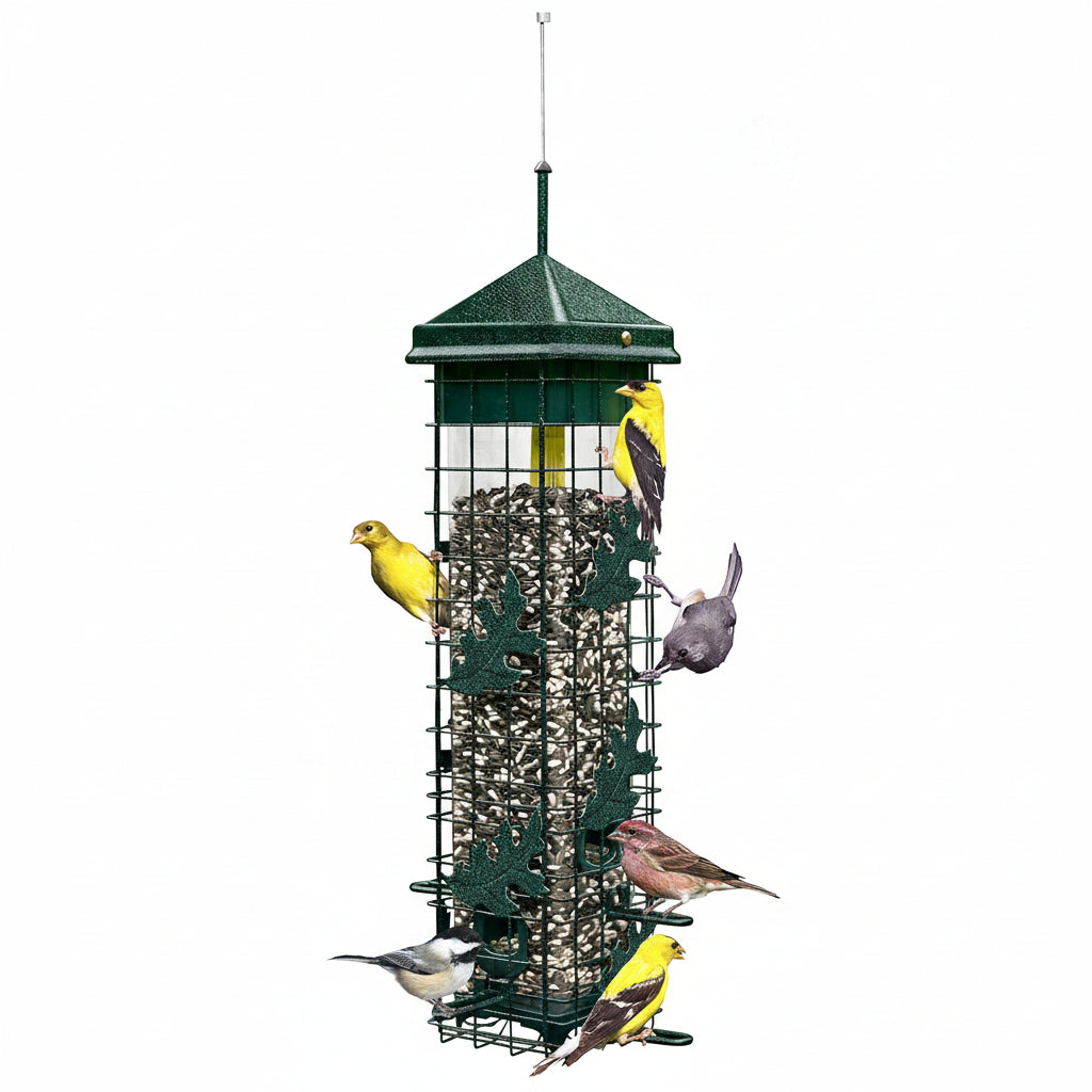 Bird feeder with birds perched on it against a white background